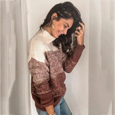 Ženski pleteni pulover – pulover z visokim ovratnikom – sproščen kroj – rebrasti robovi