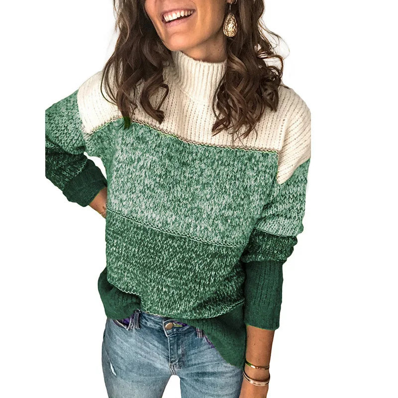 Ženski pleteni pulover – pulover z visokim ovratnikom – sproščen kroj – rebrasti robovi