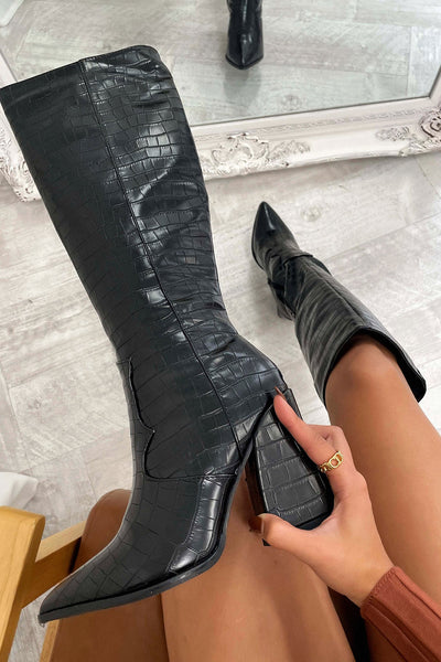 Božena | Črni krokodilski škornji do kolen